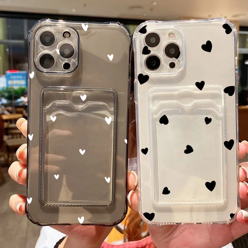 Hülle für iPhone 18 17 16 15 14 13 12 11 Pro Max Schwarz Weiß Herz Transparente Handyhülle für iPhone 16 Plus Brieftasche Kartenfach Hülle – Detail 1