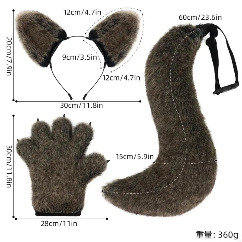 DXAE KIDS VOLWASSENDEREN DIERLIJKE KOSTUME WOLF EARS HOOFDBARNEN TAIL PAWS HANDEN 3PCS