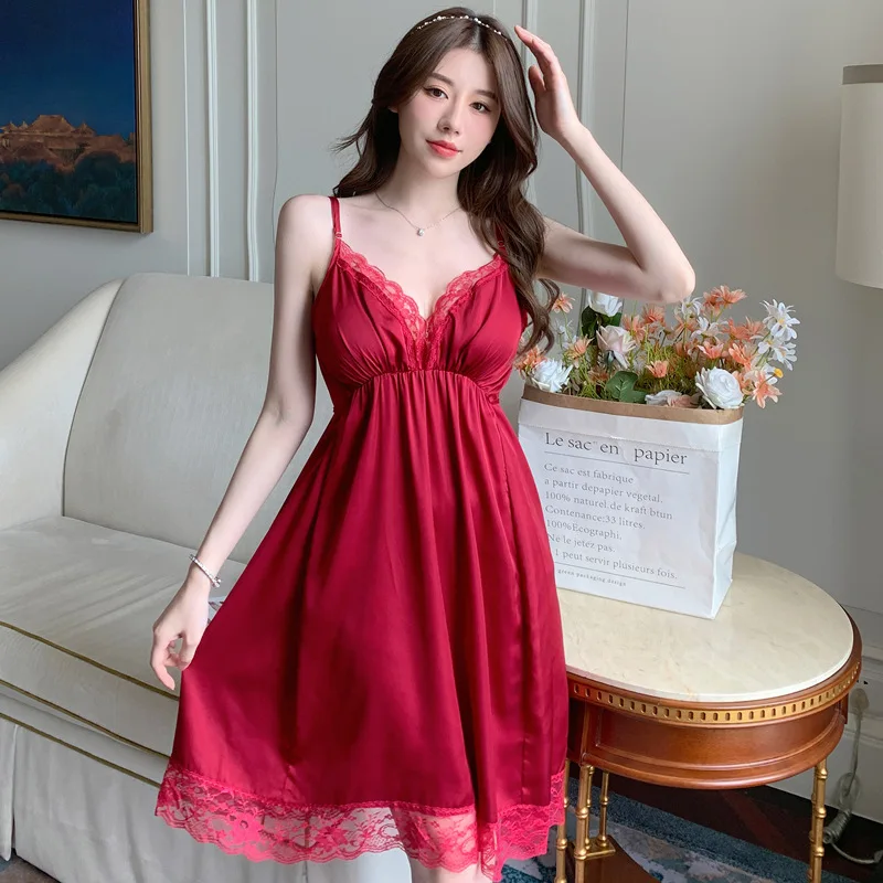 Summer Sleepwear Sexy Female Twinset Long Robe Suspender Nightdress Set Spring Kimono Gown Loose Satin Lace Trim Home Dress