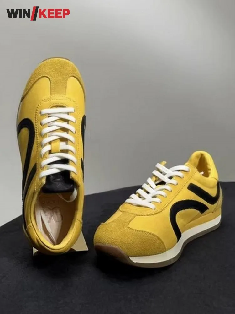 New Womens Horsehide Genuine Leather Color Block Designer Vintage Running Sneakers Thick Bottom Sport Shoes Jogging Sneakers