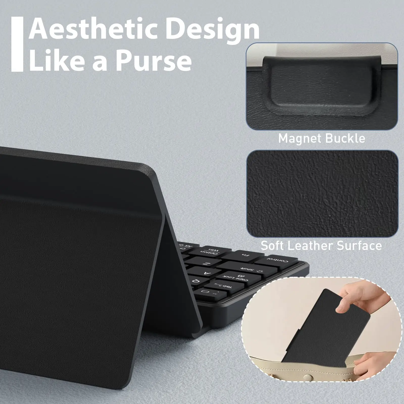 Imagem -04 - Mini Teclado Bluetooth para Ipad Dual Device com Suporte e Capa de Couro para Android Windows Ios