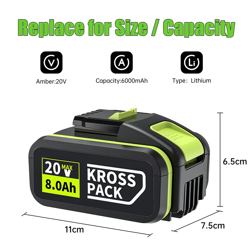 For 20V WORX 6.0/8.0Ah Replacement  Lithium-ion Battery WA3551 WA3551.1 WA3553 WA3641 WX373 WX390 Rechargeable Battery Tool