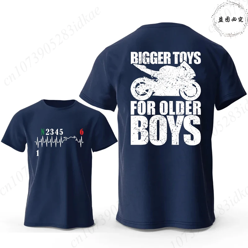 Bigger Toys for Older Boys Letter Graphic, Motorcycle Gear Shift Heartbeat Pattern Summer Short Sleeve Tees for Men's Bikers