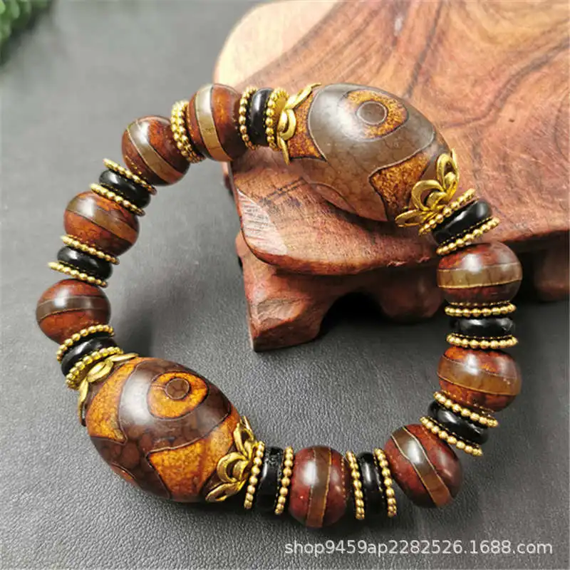 - Dzi Men And Women, Chalcedony Agate One-Line Three-Eyed , Buddhist Bead Bracelet