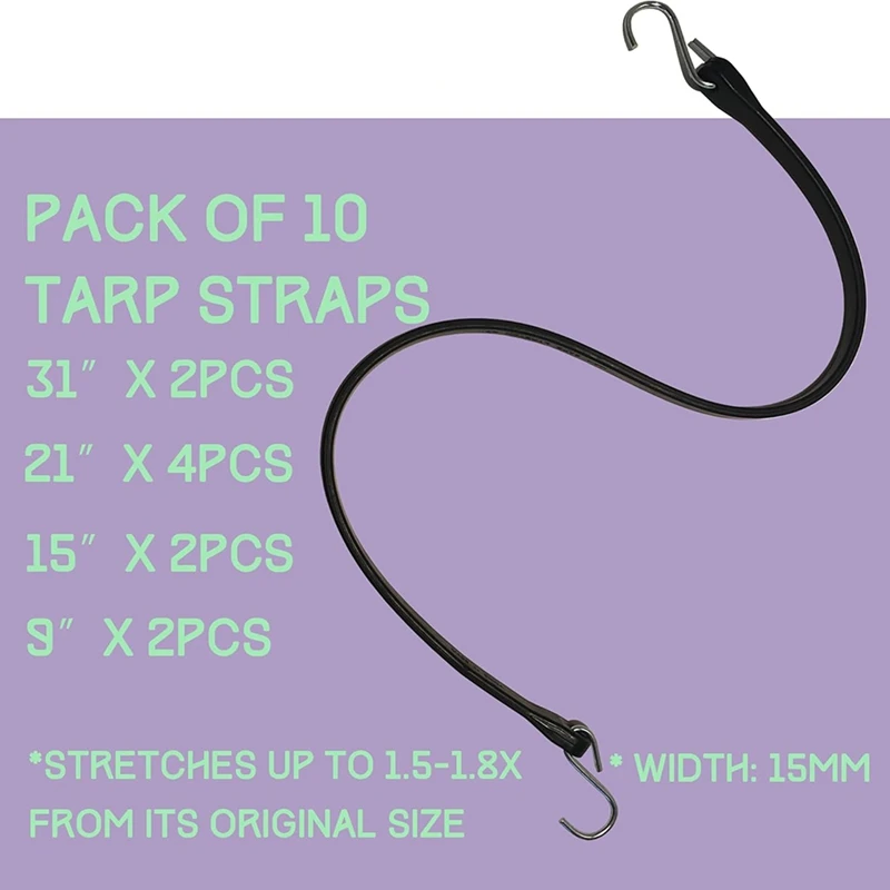 Heavy-Duty Outdoor Rubber Bungee Cords with Hooks, Assorted Sizes(9in,15in,21in,31in),for Securing Tarps,Covers,Canvases-A51M