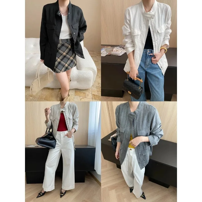 SuperAen Korean Design Three-dimensional Pocket Linen Stand-up Collar Loose Coat