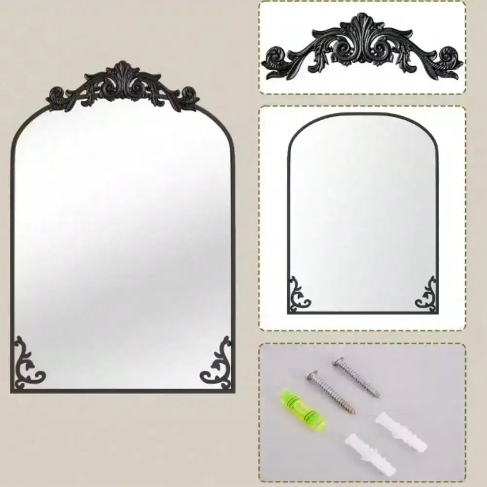 Arched Metal Framed with Carved Decoration Vanity Mirror Wall Mirror for Entryway, Bedroom Vanity, Living Room, Hallway Decor