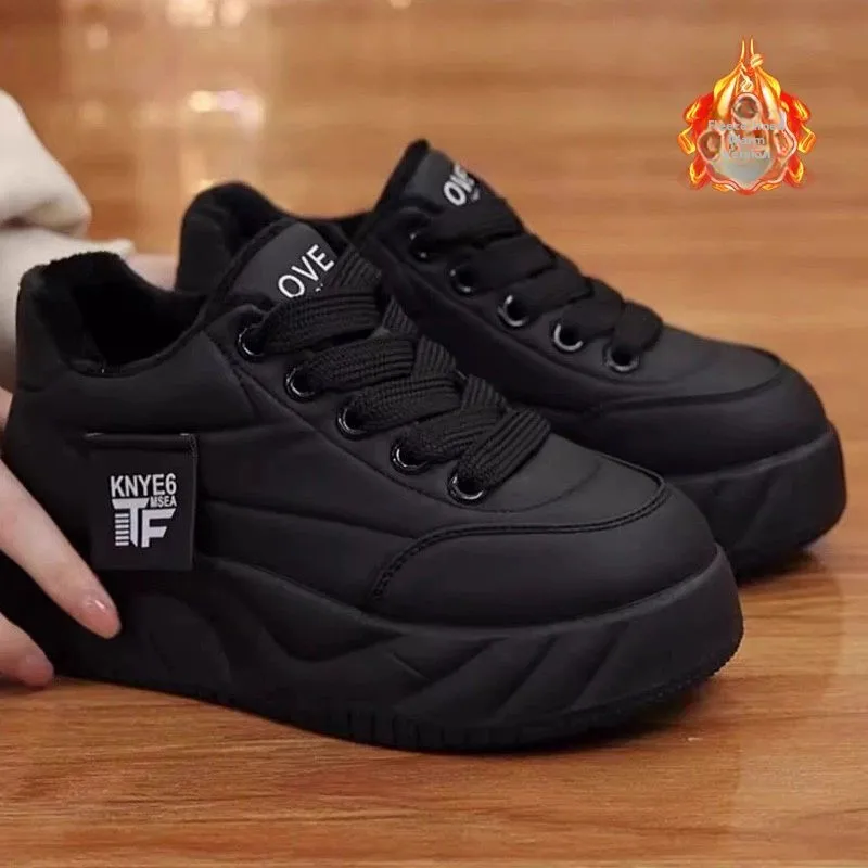 Women's Thick Bottomed Fleece Lined Casual Cotton Bread Shoes Winter Warm Stylish Korean Style Flat Shoes round Toe Low Cut