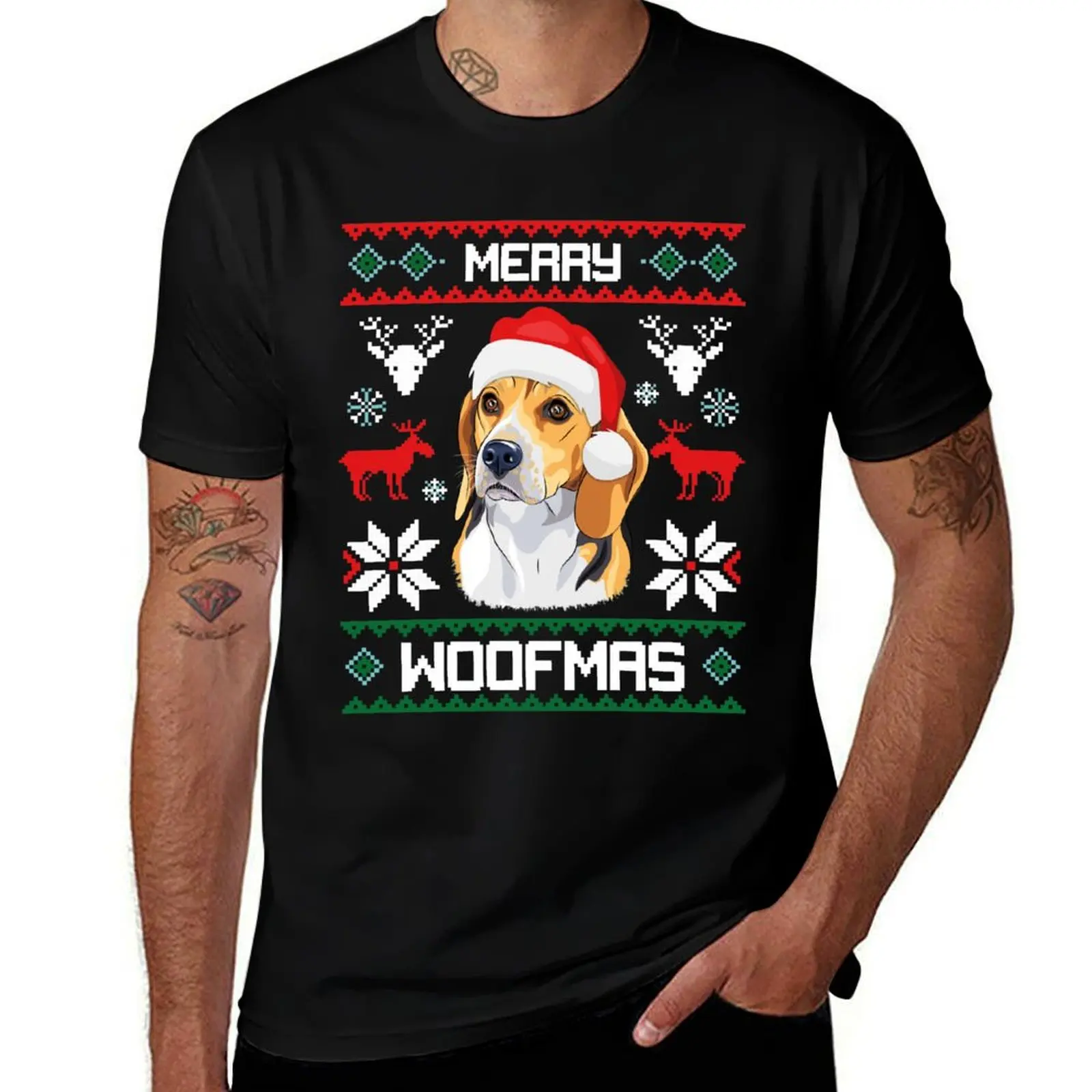 Beagle Merry Woofmas Christmas Dog Gift T-Shirt Outdoor Sports Short Sleeve Top