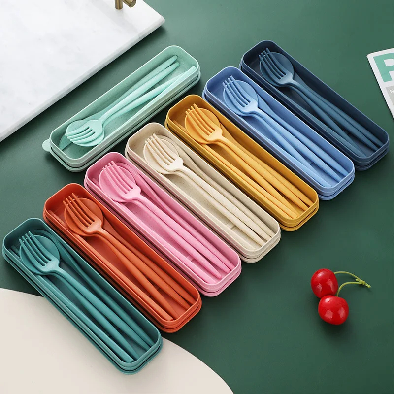 Trigo Palha Talheres Set para Crianças e Adultos, Colher, Garfo, Pauzinhos, Talheres Box, Louça, Viagem, Portátil, Acessórios de Cozinha, 4pcs