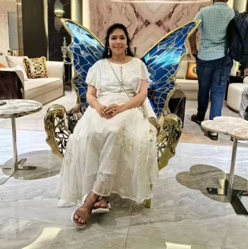 European Luxury Queen Throne Chair for Hotel Villa Stainless Steel Genuine Leather Sapphire Butterfly Sofa Chair