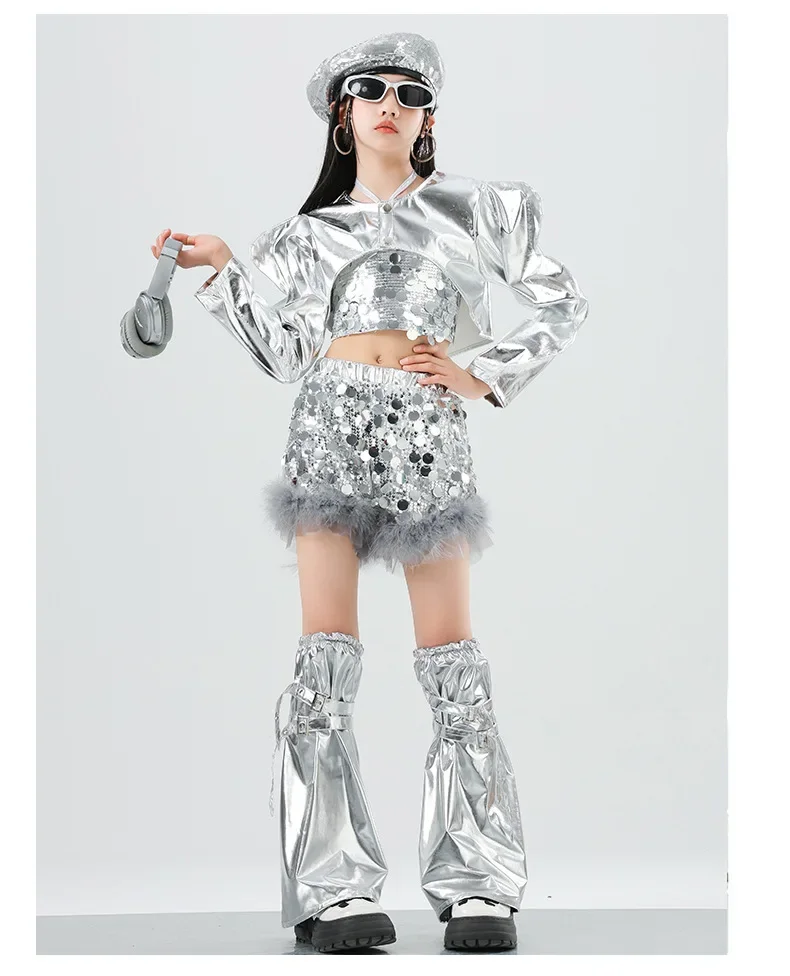 Mädchen Silbernes Pailletten-Jazz-Hip-Hop-Tanzkostüm Streetdance-Bühnenoutfit Glitzerndes Pailletten-Tanzoutfit-Set – Detail 6