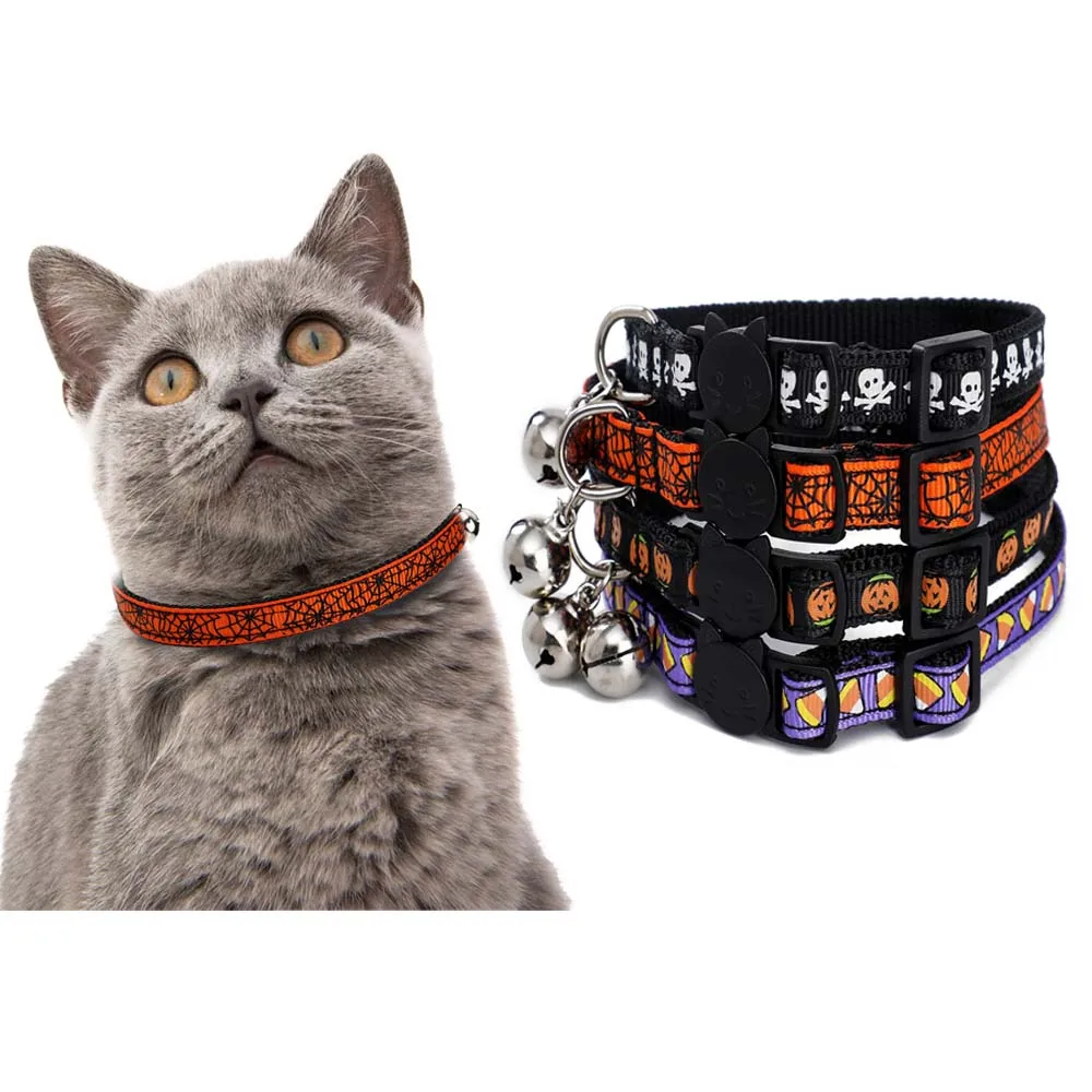 Halloween Cute Cat Collars with Bells Pumpkin Skull Web Candy Printed Quick Release Puppy Collar Adjustable Pet Accessories