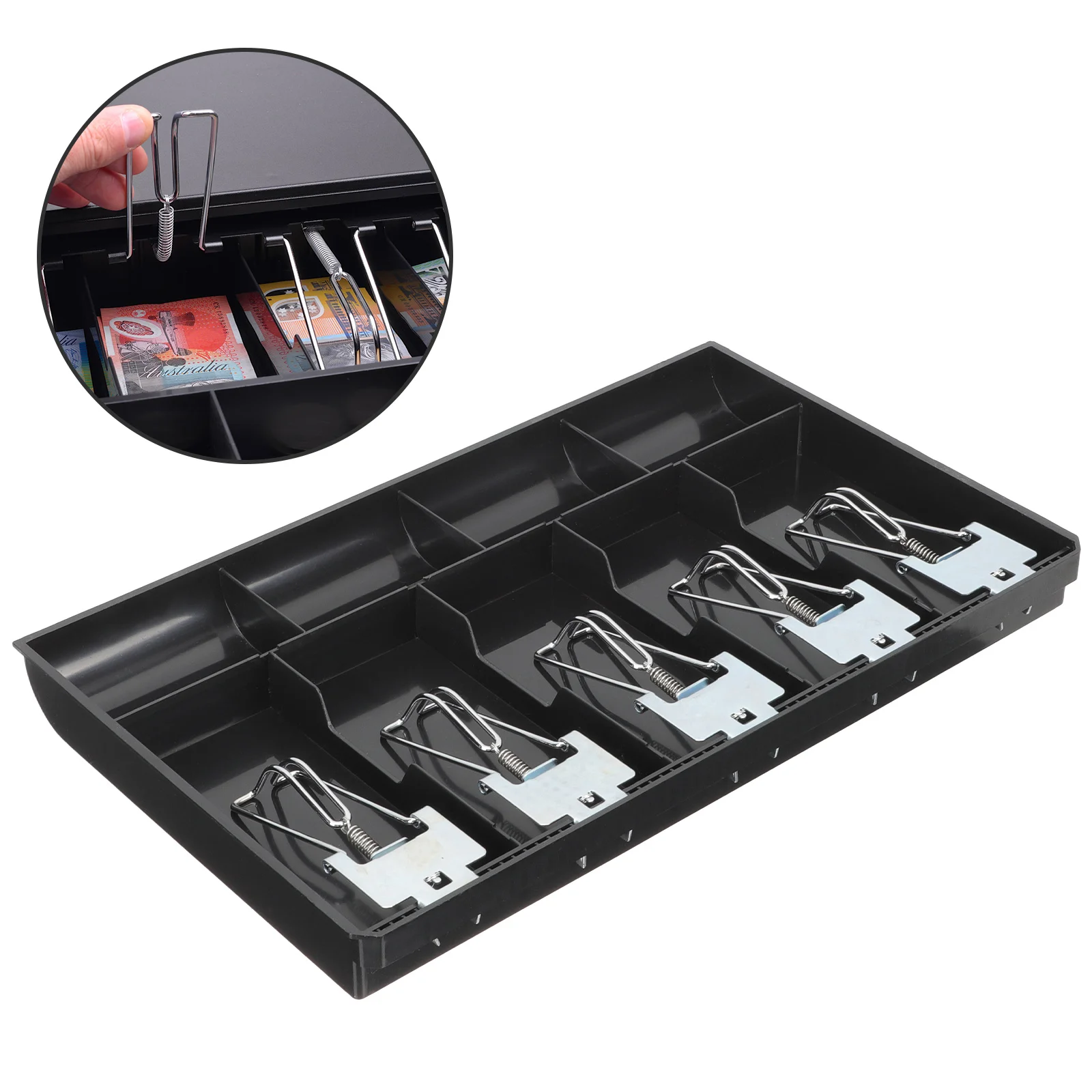 

Multi-Grid Cash Drawer Plastic Tray 5 Paper Money 4 Coin Compartments Money Organizer Cash Register Replacement Till Tray