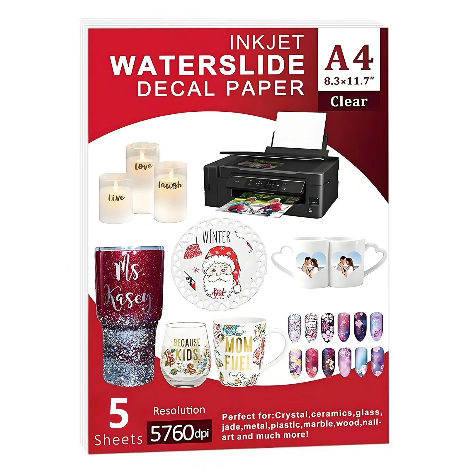 5/10 Sheets A4 INKJET CLEAR WaterSlide Paper - Printable Water Slide Transfer Paper for DIY Crafts, Glasses, Easy Application