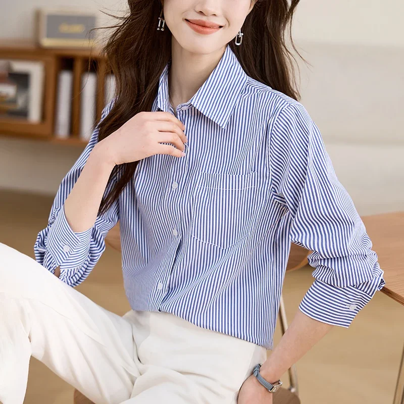 Fashion Long Sleeve Turn Down Collar Women Shirt Striped Shirt Blouse Women Tops Blouses Shirts Blusas Para Mujer Camisas N219