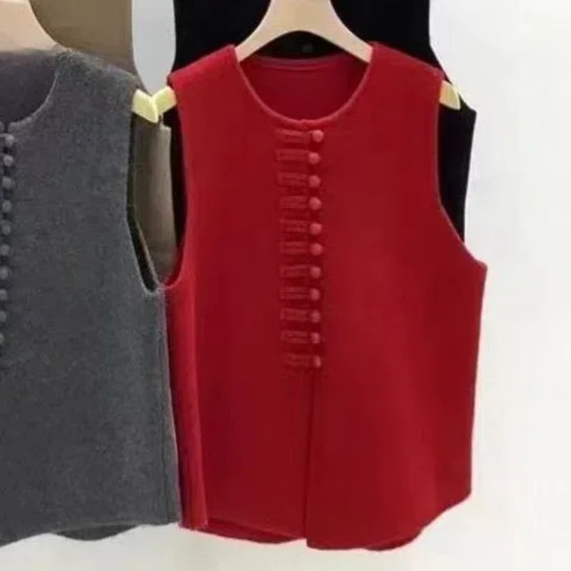 Flattering All-match Autumn Winter Round Neck Solid Color Button Cardigan Sleeveless Sweater Knitted Vest Women's Clothing Tops