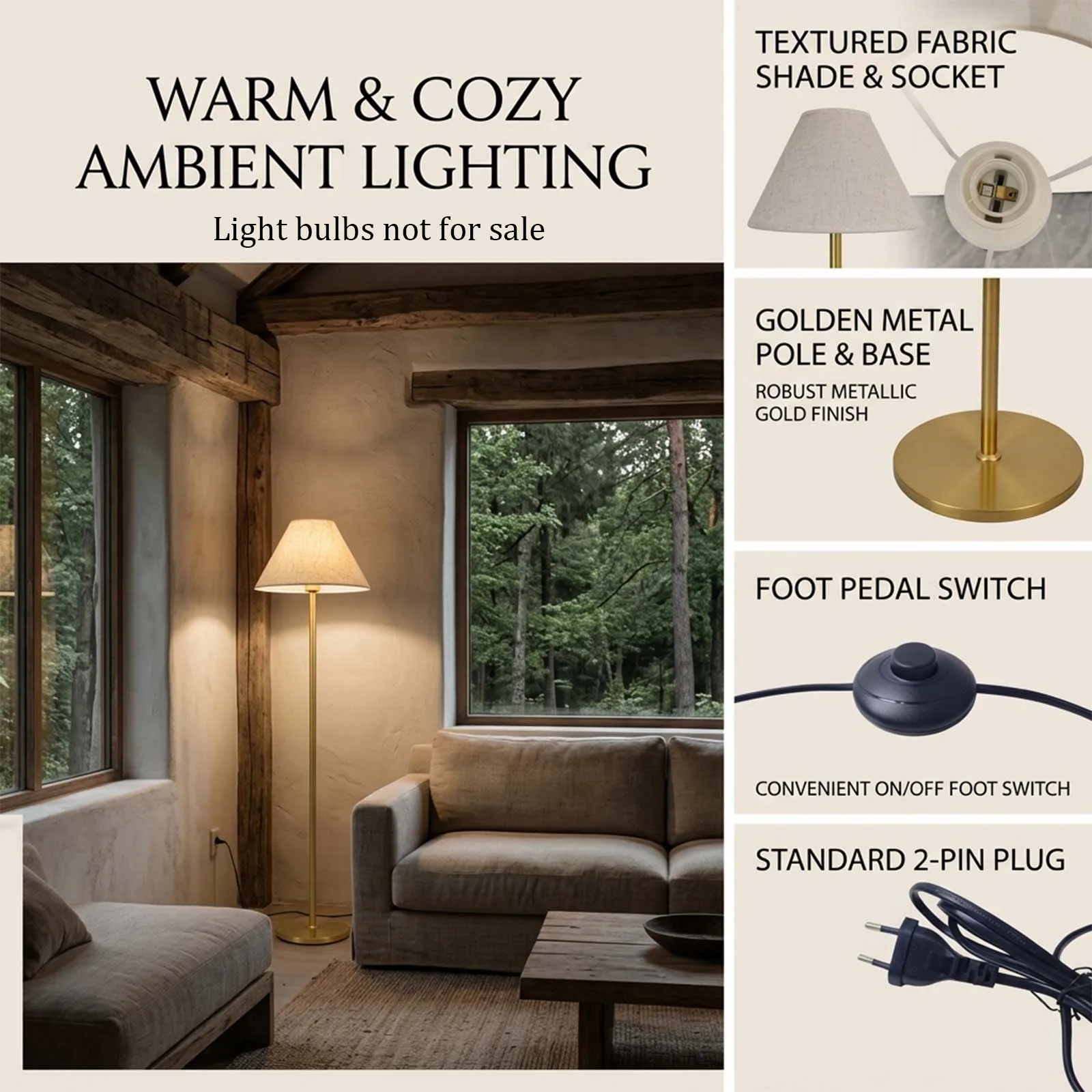 Gold Floor Lamp with Khaki Cone Fabric Shade and Foot Switch for Cozy Natural Living Room Decor