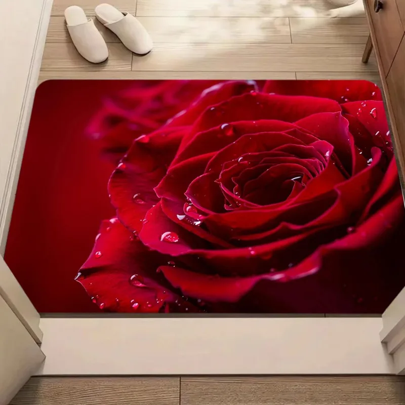 Romantic Red Rose Door Mat Soft Absorbent Front Door Carpet Indoor Outdoor Welcome Doormat Kitchen Bathroom Entryway Decor