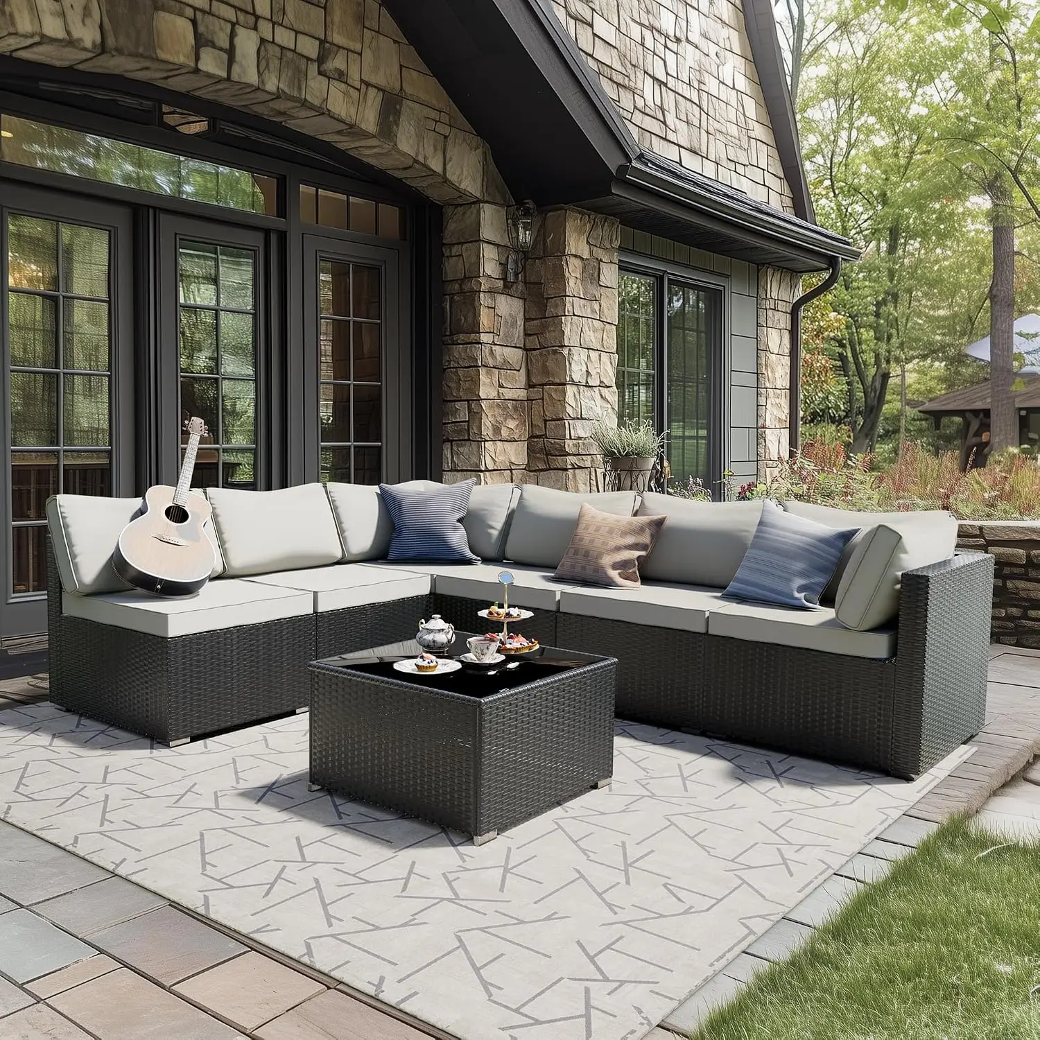 7-Piece Patio Wicker Sectional Sofa Set With Cushions & Glass Table For Porch Poolside Backyard, Customized
