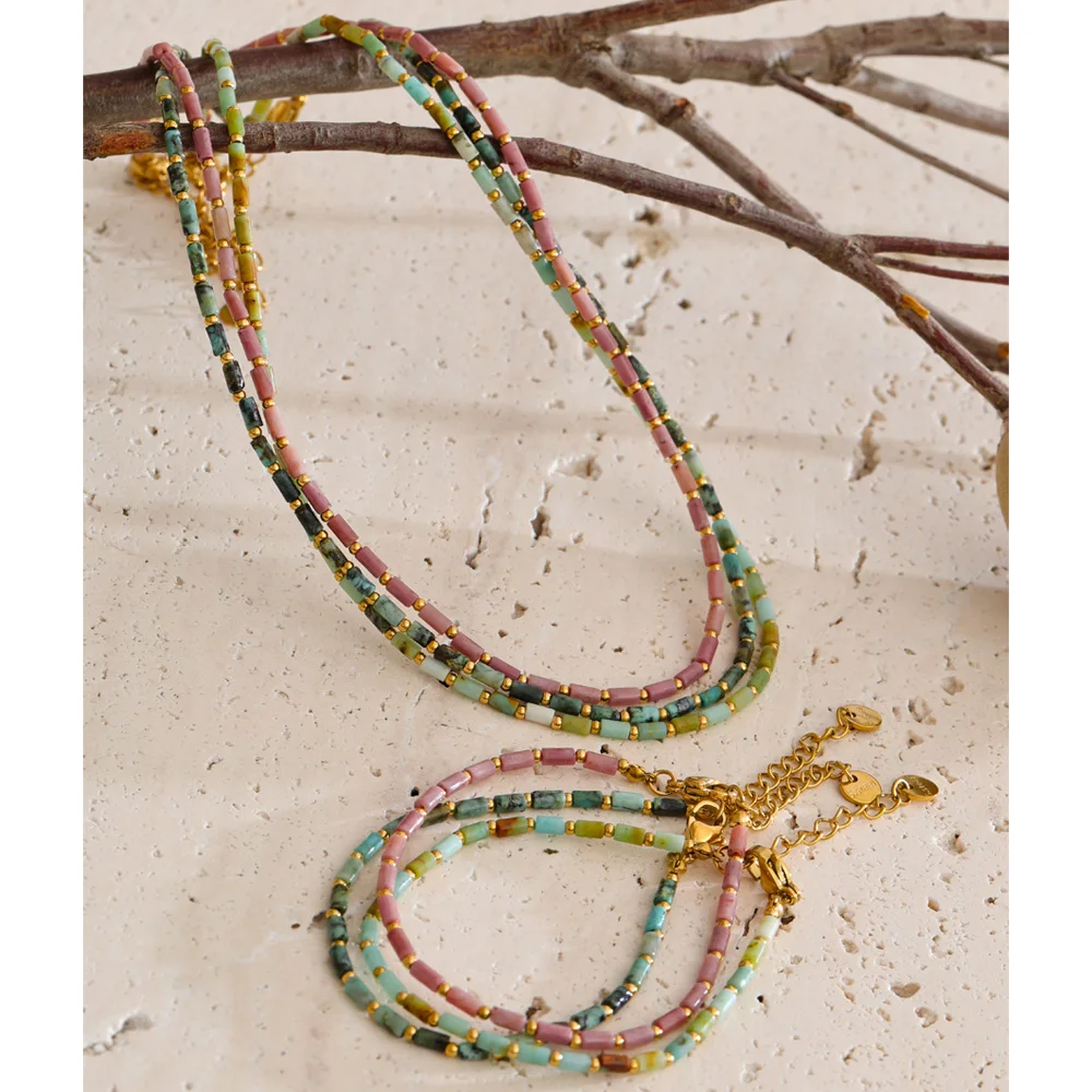 Yhpup New Natural Rhodochrosite Amazonite Stone Beads Chain Handmade Necklace High Quality Summer Stainless Steel Jewelry