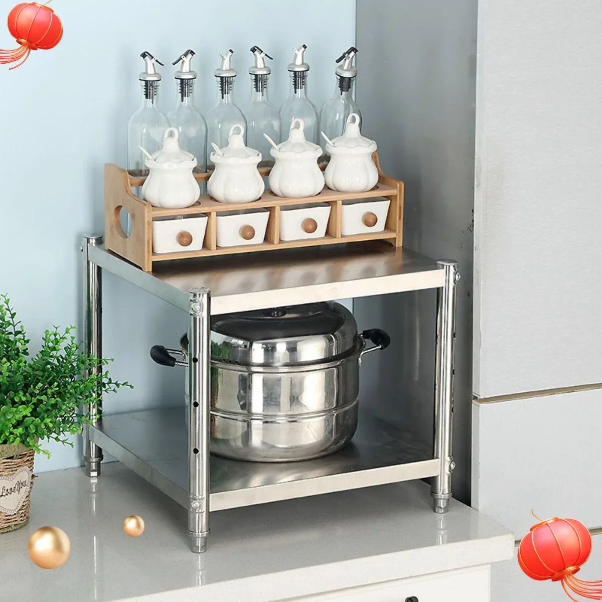 High second floor stainless steel storage rack, cabinet countertop, pot and bowl seasoning rack, disinfection  raised shelf