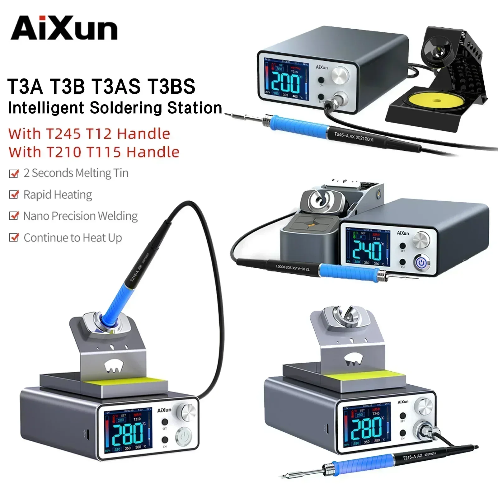 AIXUN T3B T3A T320 محطة لحام ذكية لحام T115/T210/T245 محطة إعادة العمل T3AS T3BS لأدوات لحام إصلاح PCB SMD BGA
