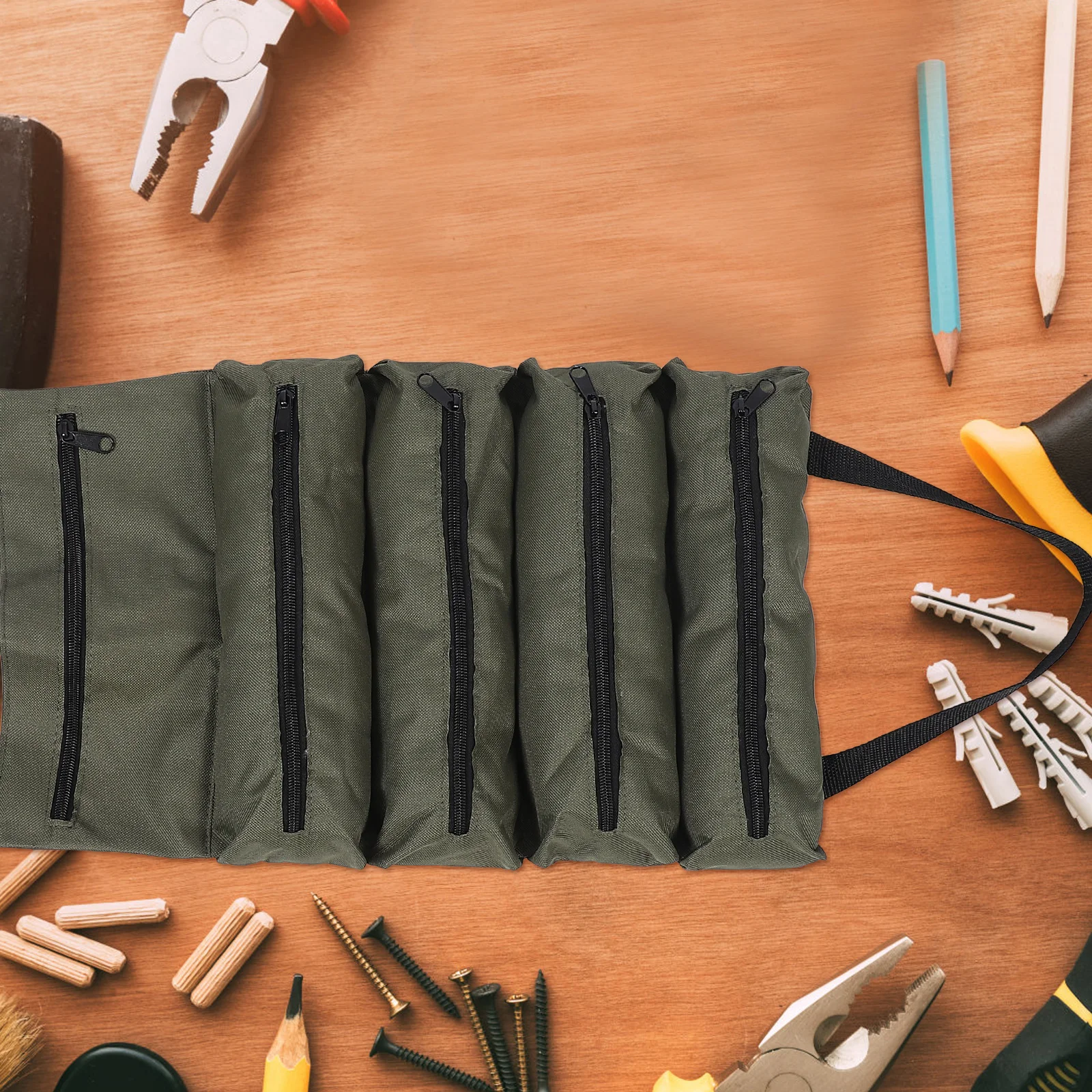

Storage Bag Heavy Duty Canvas Green Color Tool Roll Organizer Car Friendly Electricians Use Gardening Electrical Woodworking