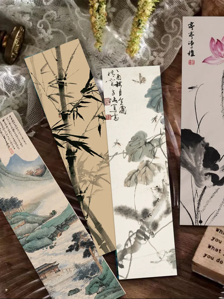 30pcs Chinese calligraphy and painting bookmarks Classical ink painting poetry decoration Reading pages Book marking page folder