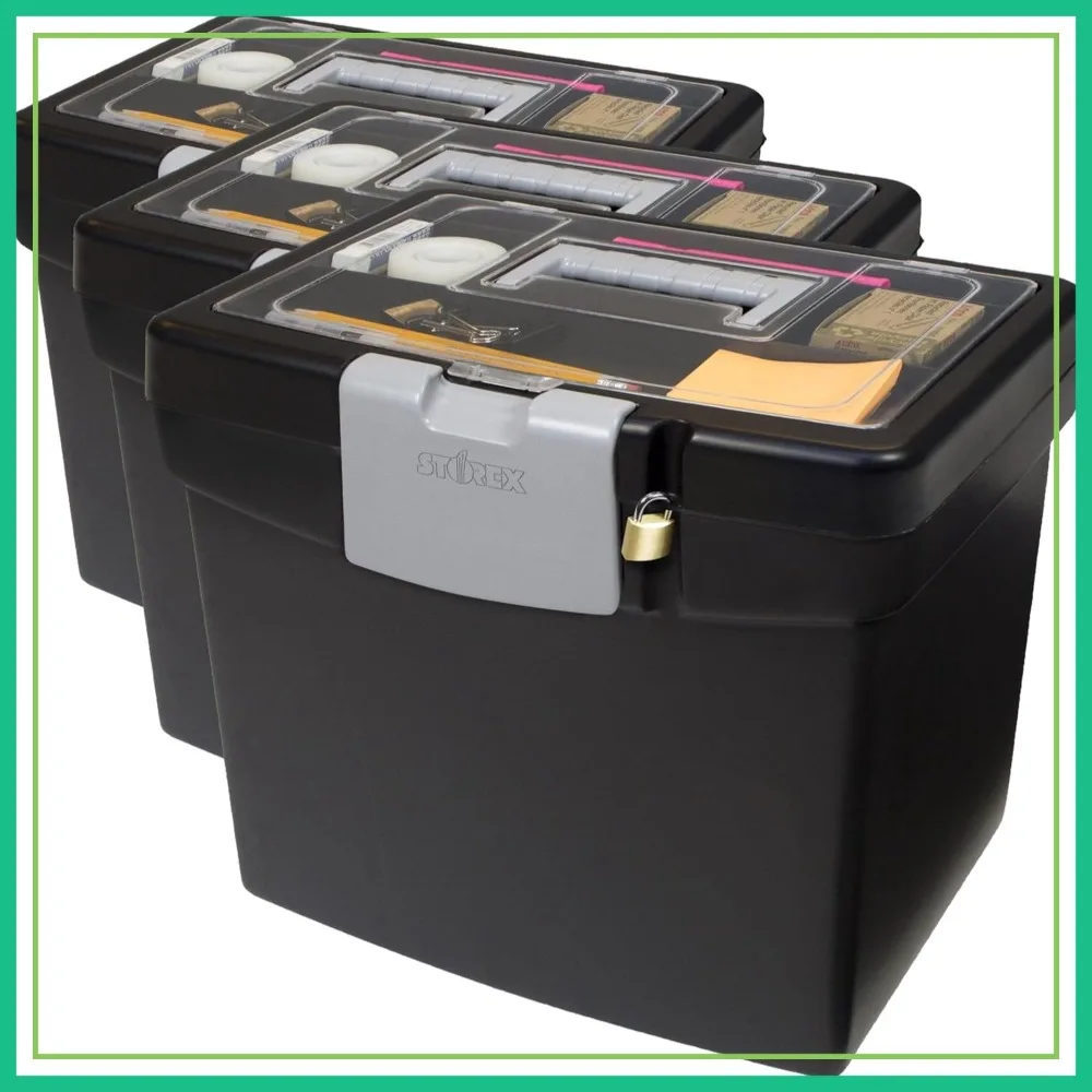 

Portable File Box with XL Lid, 11x13.5x11 Inches, Black, Pack of 3