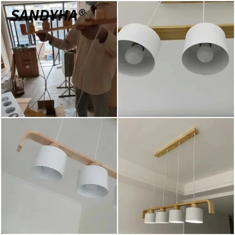SANDYHA Nordic Pendant Light Metal Wooden LED Hanging Lamp for Home Restaurant Cafe Decor Creative Indoor Chandelier Fixture
