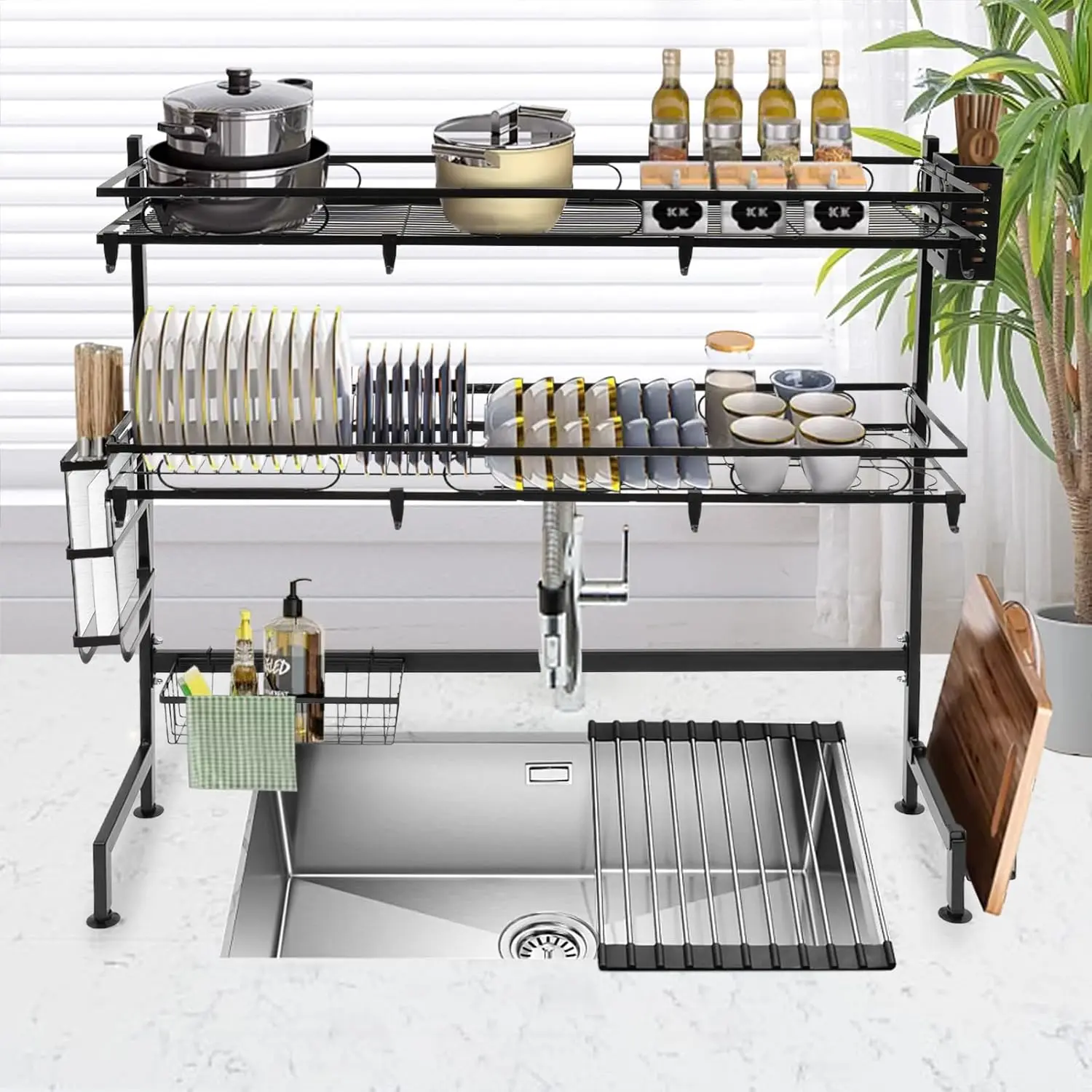 رف تجفيف الأطباق فوق الحوض، رف أطباق متعدد الوظائف بطبقتين فوق الحوض، رف تجفيف أطباق المطبخ بمساحة تخزين كبيرة #1