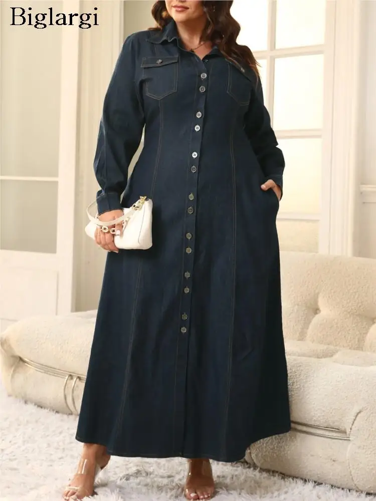 Plus Size Denim Winter Long Ruffle Pleated Dress Women Long Sleeve Fashion Ladies Dresses Loose Casual Woman Shirt Dress 2023