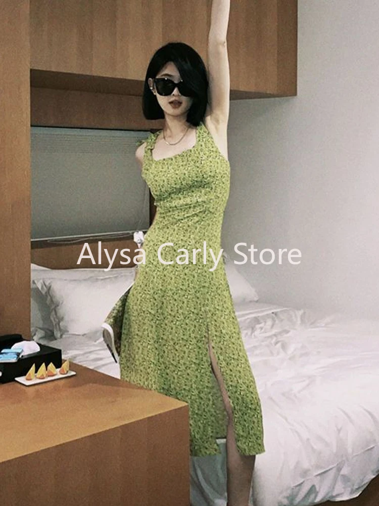 Green Elegant Floral Midi Dress Women Casual Vintage Sexy Split Slip Dress Female 2024 Summer Korean Style Slim Club Party Dress