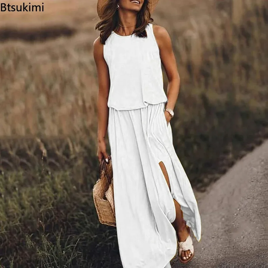 

New 2024 Women's Summer Casual Dress Solid Slit Dress Ladies Sleeveless Loose Robe Dresses Women Round Neck Vestidos De Fiesta