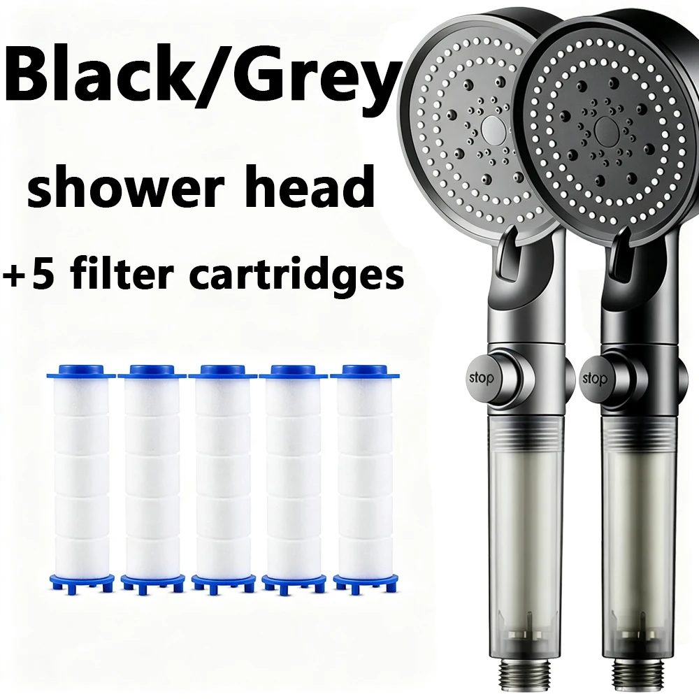 Grey Handheld Shower Head with One-Click Stop Button 5 Spray Modes High Pressure Water Saving Wand with 5 Filter Cartridges