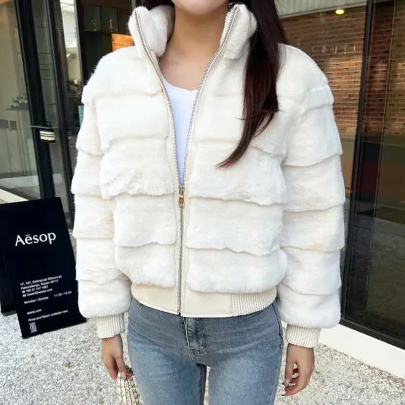 Women's ort Fur Coat Soft Plu Stand Collar Loose Fit Autumn Winter Faionable Rabbit Fur Simulation Outerwear Top