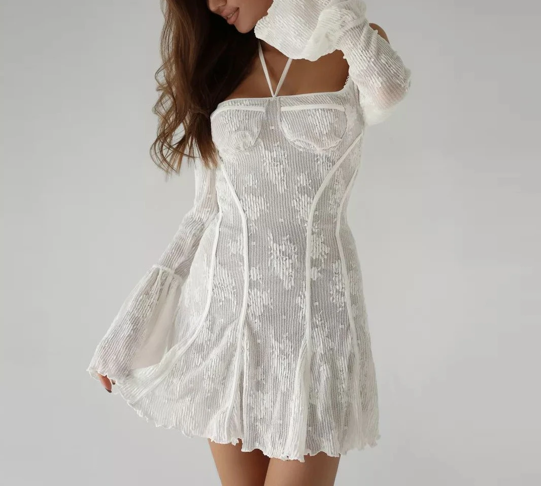 

2025 New White Fashion Women's Long Sleeved Lace Jumpsuit Short Skirt