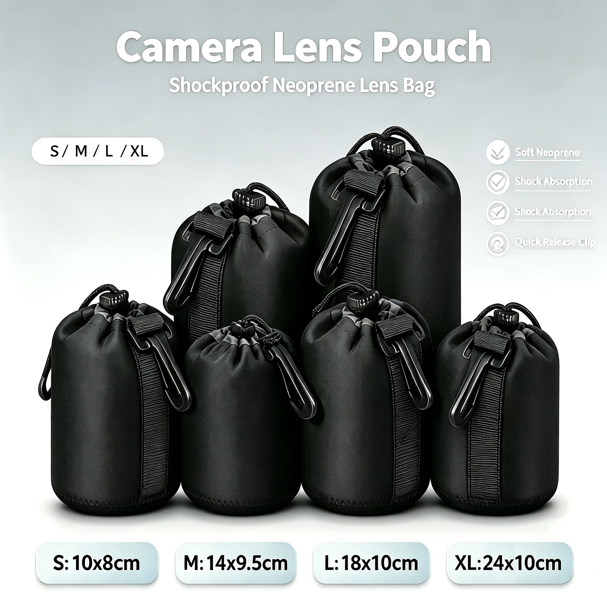 Drawstring Waterproof Shockproof Camera Lens Pouch Soft Case Bag for Most Digital SLR Lenses Protection Storage