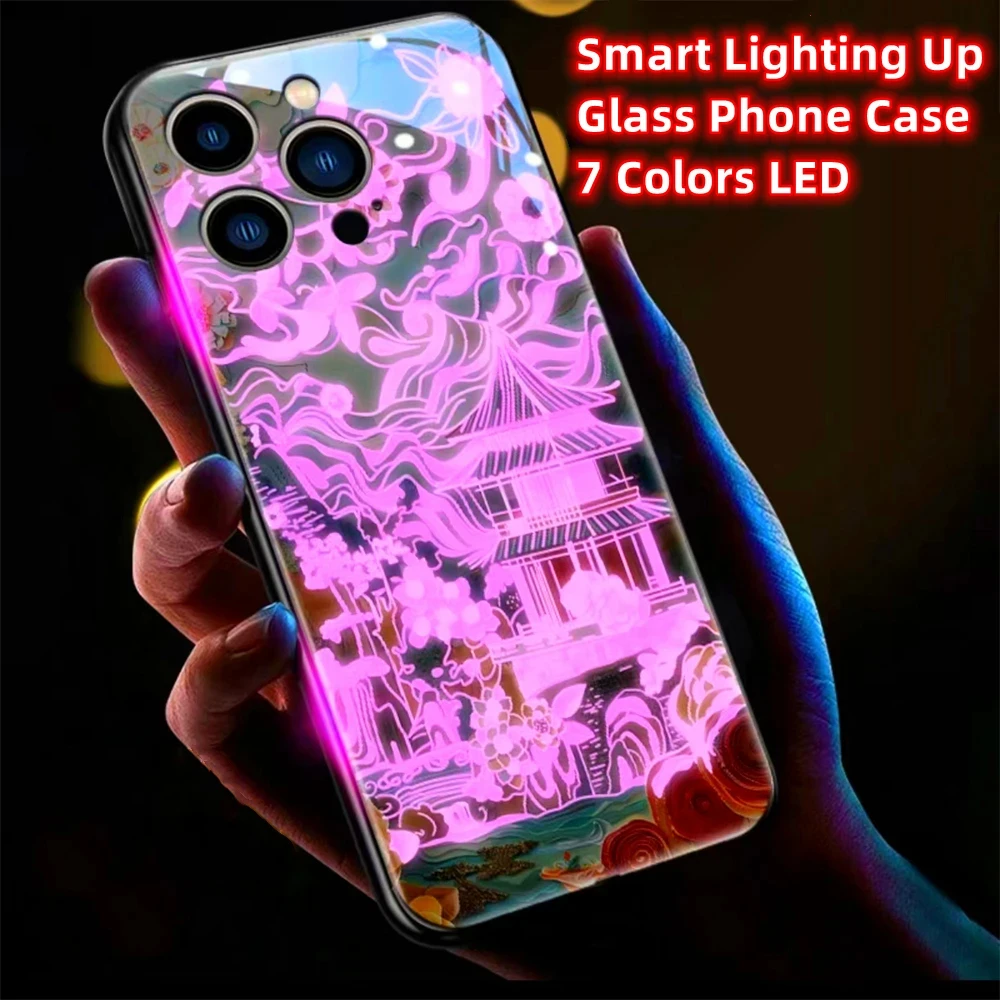 Origami Pavilion Design Smart LED Light Glow Tempered Glass Phone Case  For Honor 200 100 90 80 70 60 50 Pro