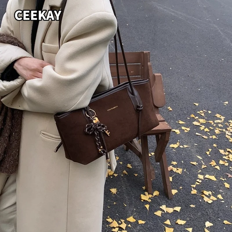 CEEKAY Women's Shoulder Bag Dark Brown Suede Texture Long Baguette Handbag Braided Cord Key Pendant Daily Commute Casual