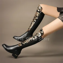 Luxury Design Bling Golden Sequins Women Knee High Boots Round Toe Chunky Heel Leather Long Boots Ladies Winter Warm Shoes