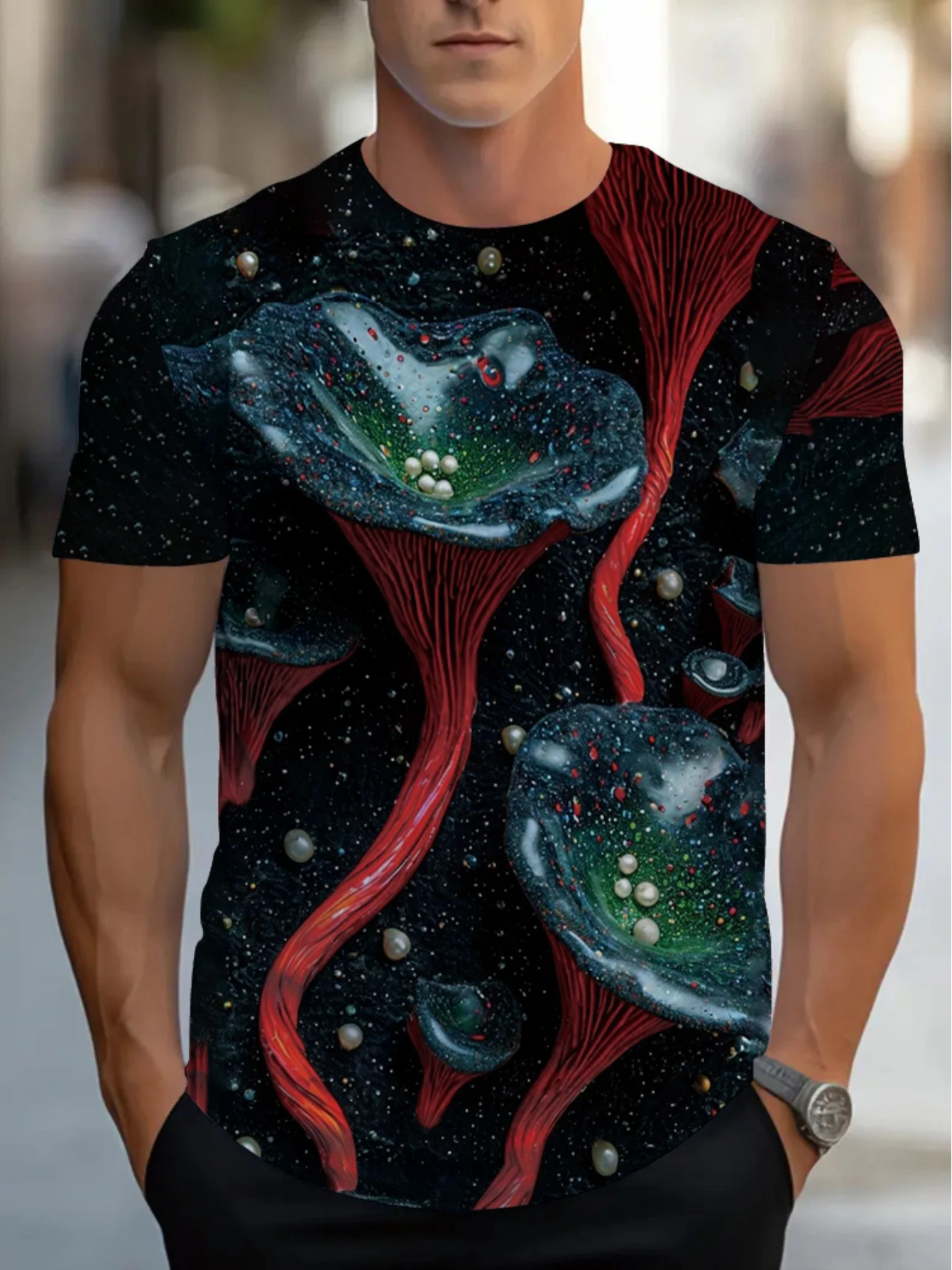 Men Red Stem Green Lotus Pearl Black Star Speckle Background Print Short Sleeve Crew Neck Casual T-shirt
