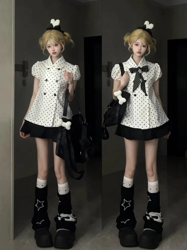 Korean College Style Slimming Set Dress Women Summer New Polka Dot Bubble Sleeve Shirt Half Skirt Two Piece Set Fashionable W...