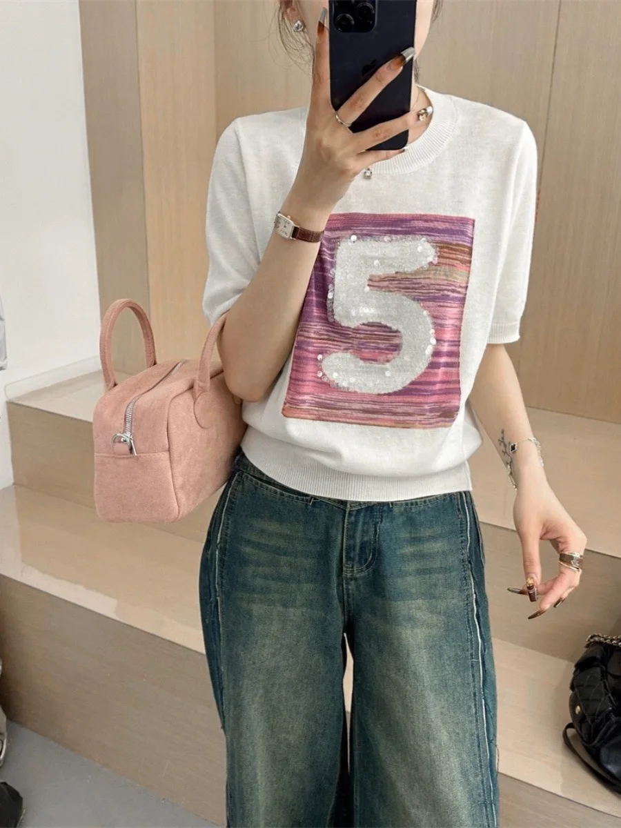 2024 Summer Sequins Sweater Women Knit Pullover T-shirts Short Sleeve O-neck Tees Tops Casual Fashion Loose Stylish Jumpers