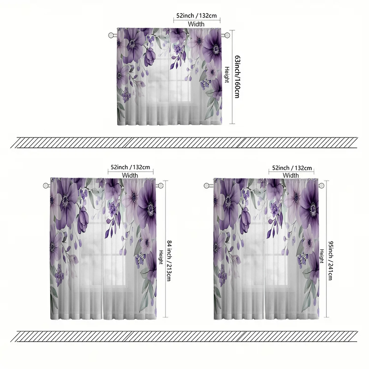 2 Pieces HD Digital purple flowers Printed Window Screen Home Decor Style Decoration Living Room Bedroom Rod