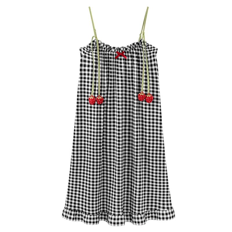 

Young Girls Plaid Nightgowns Homewear Summer Sleeveless Women Sleepwear Shirt With Bow Sexy Suspender Nightshirt Party