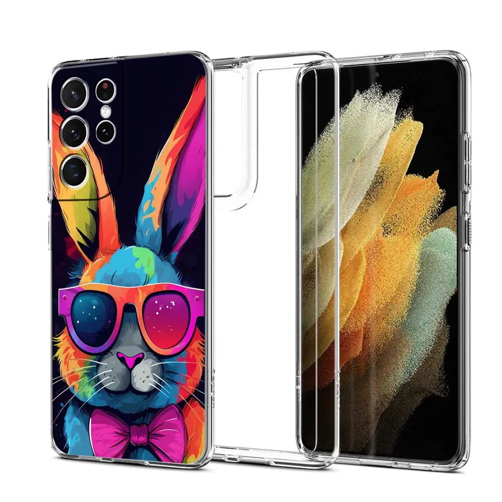 Transparent for Samsung Galaxy S26 S25 S24 S23 S22 S21 S20 FE Ultra S25Edge S10 Plus Phone Case A Cute Rabbit With A Purple Hat