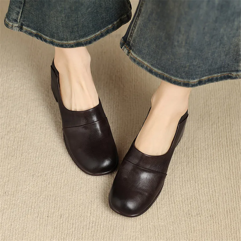 New Spring/Autumn Genuine Leather Woman Shoes Fashion Round Toe Loafers Shoes for Women Ladies Shoes Mid Heel Casual Women Pumps