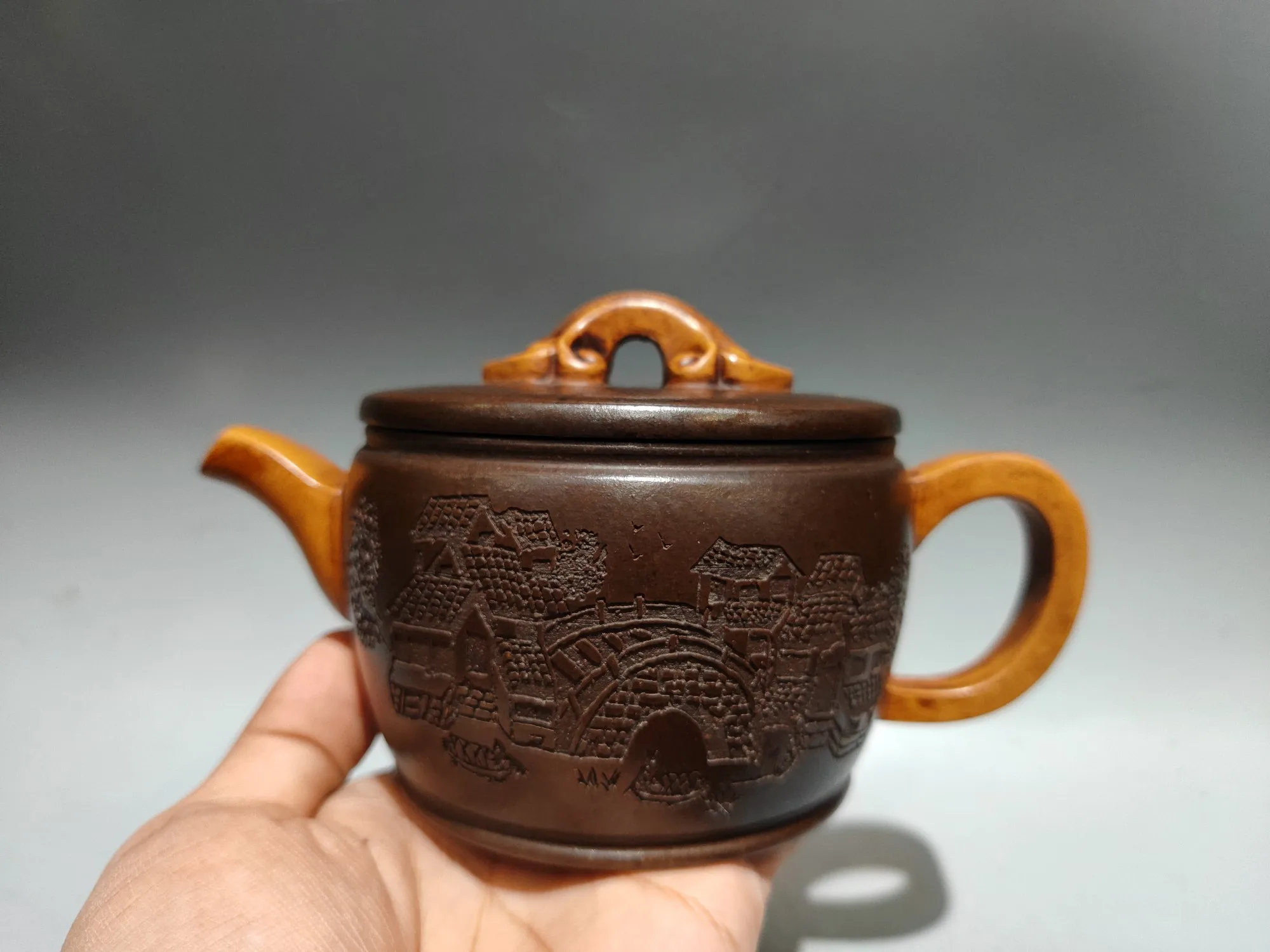 

7"Chinese Yixing Purple Clay Pot Landscape painting Pot Kettle Teapot FlagonGather fortune Office Ornaments